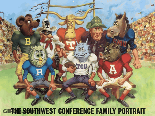 Southwest Conference Family Portrait Cartoon Characters Sitting On Bench GIF