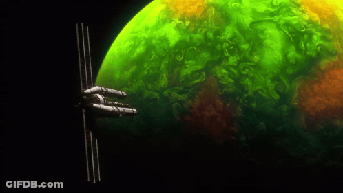 Space Ship Flying Past Green Planet GIF