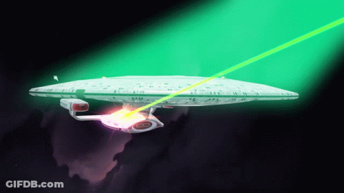 Space Ship Flying Through Space With Green Light GIF