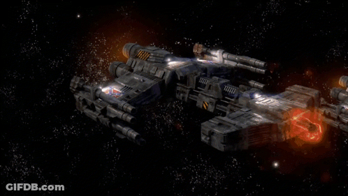 Space Ship Flying With Blue Cannon Light GIF