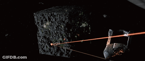 Spaceship Flying Near Lit Cube GIF