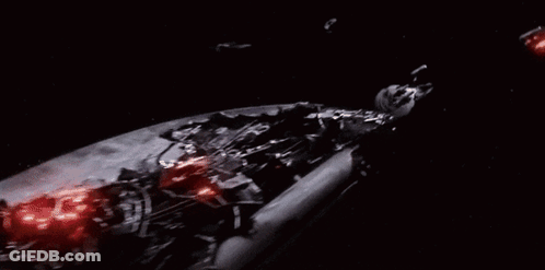 Spaceship Flying Through Dark Space With Red Lights GIF