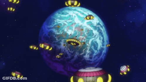 Spaceships Flying Around Blue Planet GIF