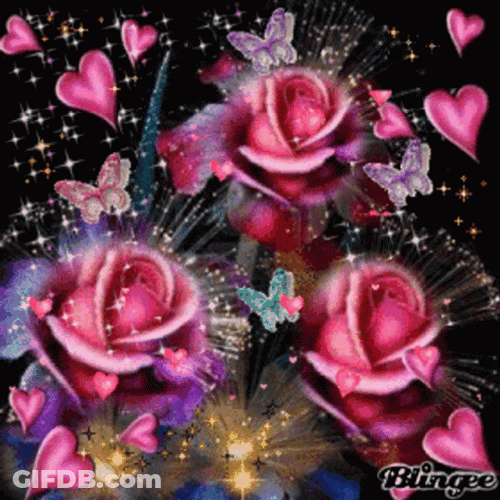Sparkling Pink Roses And Butterflies GIF