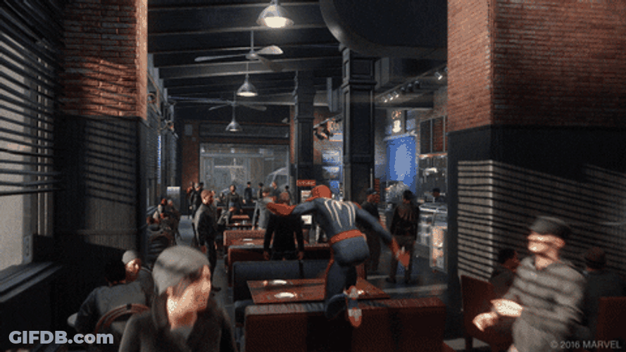 Spider Man 2099 Jumping Through Office Building GIF