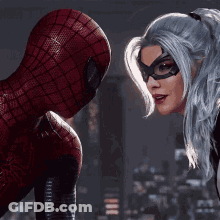 Spider Man And Black Cat Looking At Each Other GIF