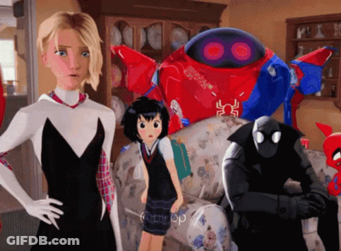 Spider-Man And Girl Standing Next To Robot GIF