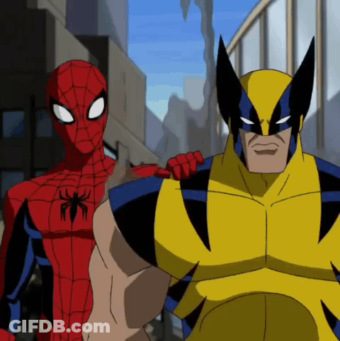 Spider-Man And Wolverine Are Standing Next To Each Other On A City Street GIF