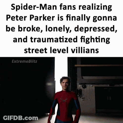 Spider-Man Fans Realizing Peter Parker Is Finally Gonna Be Broke Lonely Depressed And Traumatized Fighting Street Level GIF