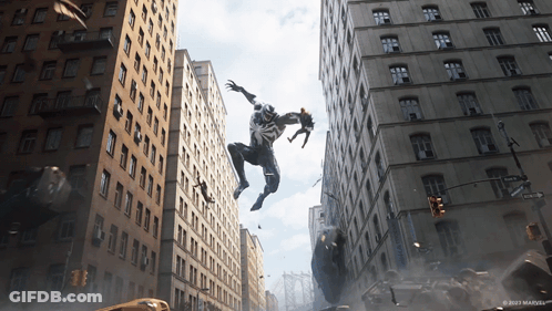 Spider-Man Flying Between Two Buildings GIF