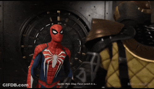 Spider-Man Giving Thumbs Up Next To Man In Armor GIF