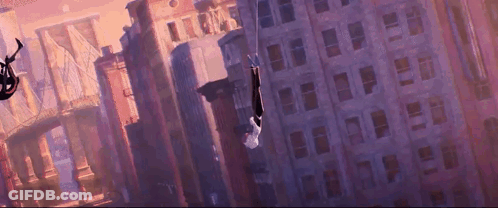 Spider-Man Hanging From Rope In Front Of City GIF