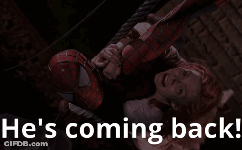 Spider-Man Hanging From Rope Saying He's Coming Back GIF