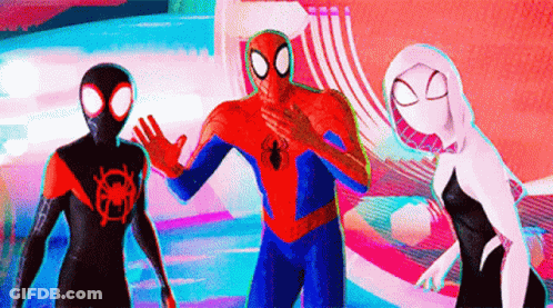 Spider-Man , Miles Morales And Ghost Spider Are Standing Next To Each Other On A Colorful Background . GIF