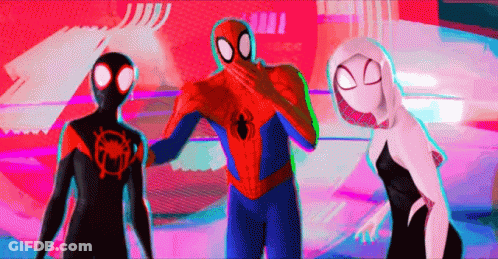 Spider-Man , Miles Morales And Ghost Spider Are Standing Next To Each Other On A Pink Background . GIF