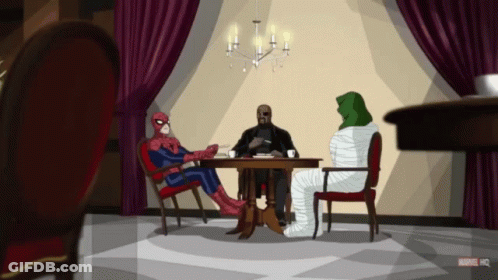Spider-Man Sitting At Table With Two Men GIF