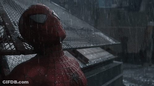 Spider Man Standing In Rain Looking Up GIF
