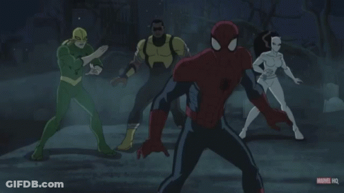 Spider-Man Surrounded By Marvel Characters GIF