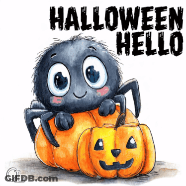 Spider On Pumpkin Saying Halloween Hello GIF
