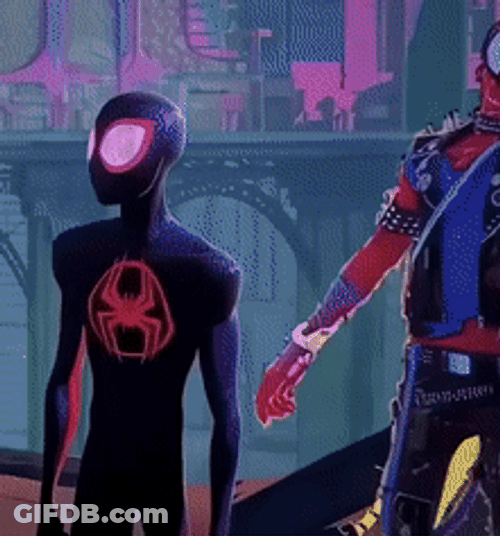 Spider Punk Arms Around Miles GIF