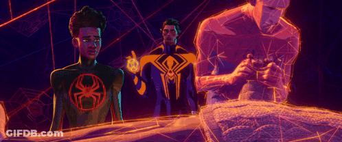 Spiderman Characters Standing In Dark Room GIF