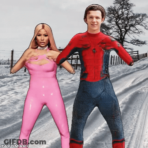 Spiderman Costume Man Next To Woman In Pink Latex Bodysuit GIF
