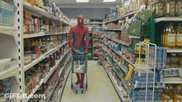 Spiderman Pushing Shopping Cart In Grocery Store GIF