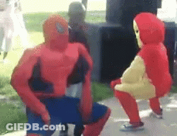Spiderman Squatting Next To Iron Man GIF