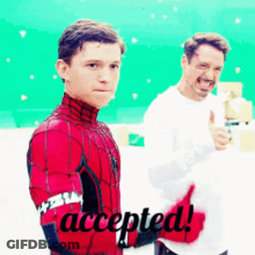 Spiderman Suit Man Next To Man With Accepted Text GIF