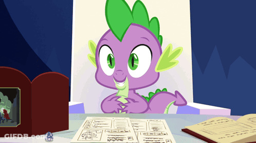 Spike From My Little Pony Sitting At Table With Book And Dice GIF