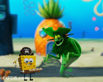 Spongebob And A Green Monster Are Standing In Front Of A Pineapple Under The Sea GIF
