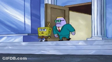 Spongebob And A Man In A Suit Are Standing In Front Of A Building GIF