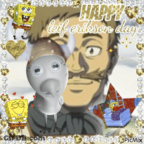 SpongeBob And Bird Happy Leif Erikson Day GIF