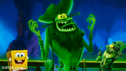 SpongeBob And Friends Standing Next To Green Pirate GIF