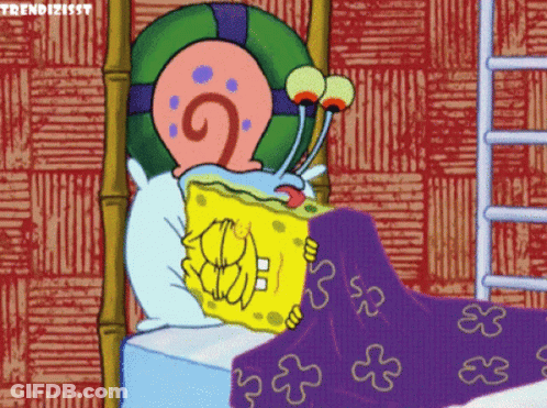 Spongebob And Gary From Spongebob Squarepants Laying In Bed Under A Purple Blanket GIF