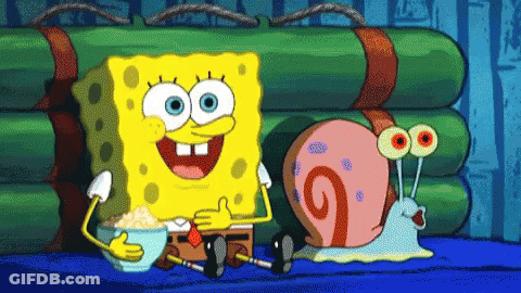 Spongebob And Gary The Snail Are Sitting Next To Each Other In A Cartoon GIF