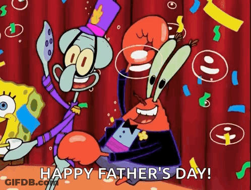 Spongebob And Krabby Krabs Are Celebrating Father 'S Day With A Red Curtain In The Background . GIF
