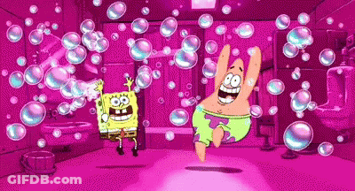 Spongebob And Patrick Are Dancing In A Bathroom With Bubbles Coming Out Of The Walls . GIF