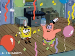 Spongebob And Patrick Are Dancing In A Room With Balloons And Confetti . GIF