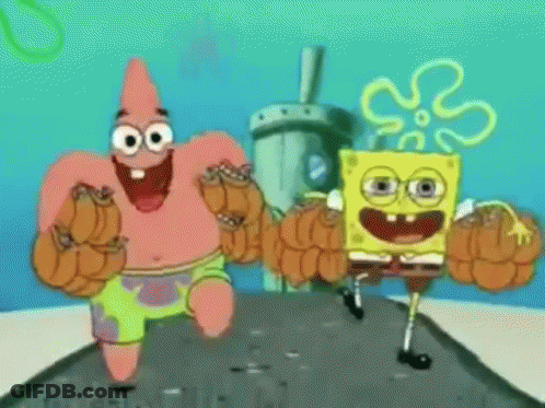Spongebob And Patrick Are Flexing Their Muscles In A Cartoon . GIF