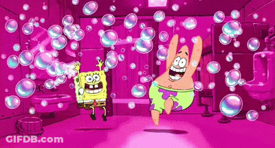 Spongebob And Patrick Are Jumping In The Air In A Bathroom Surrounded By Soap Bubbles . GIF