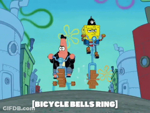 Spongebob And Patrick Are Riding Bicycle Bells Ring In A Cartoon GIF
