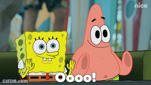 Spongebob And Patrick Are Sitting Next To Each Other With The Words Oooo On The Bottom GIF