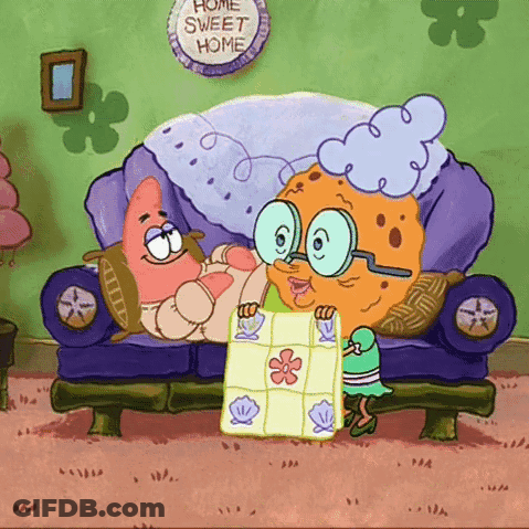 Spongebob And Patrick Are Sitting On A Couch With A Sign That Says Home Sweet Home GIF