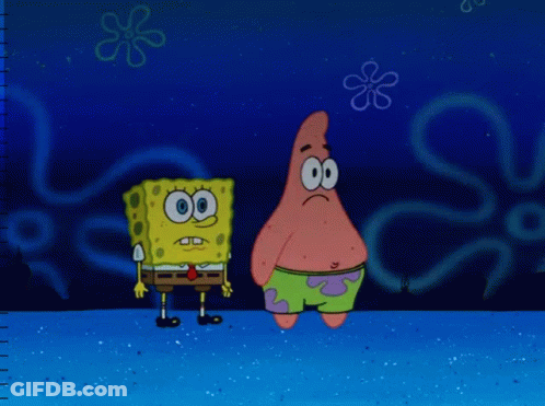 Spongebob And Patrick Are Standing Next To Each Other And Holding Hands GIF