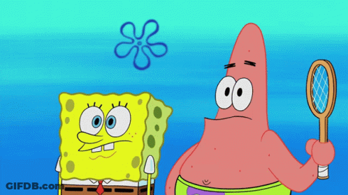 Spongebob And Patrick Are Standing Next To Each Other And Patrick Is Holding A Tennis Racket GIF
