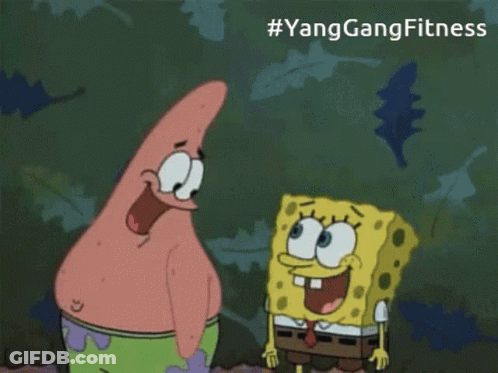 Spongebob And Patrick Are Standing Next To Each Other And The Hashtag #Yanggangfitness Is Below Them GIF