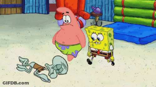 Spongebob And Patrick Are Standing Next To Each Other On A Sandy Beach GIF
