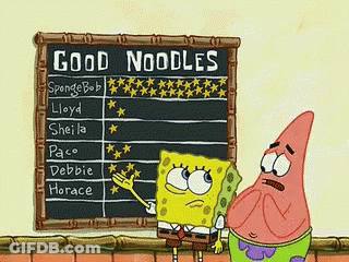Spongebob And Patrick At Chalkboard Saying Good Noodles GIF