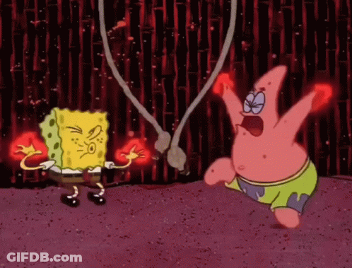 Spongebob And Patrick Fighting With Red Lights Behind Them GIF